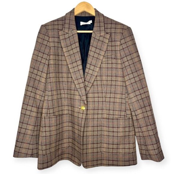 A.L.C Hicks Blazer Brown Bordeaux Blue Gold Plaid One-Button Size 14 - Picture 4 of 14